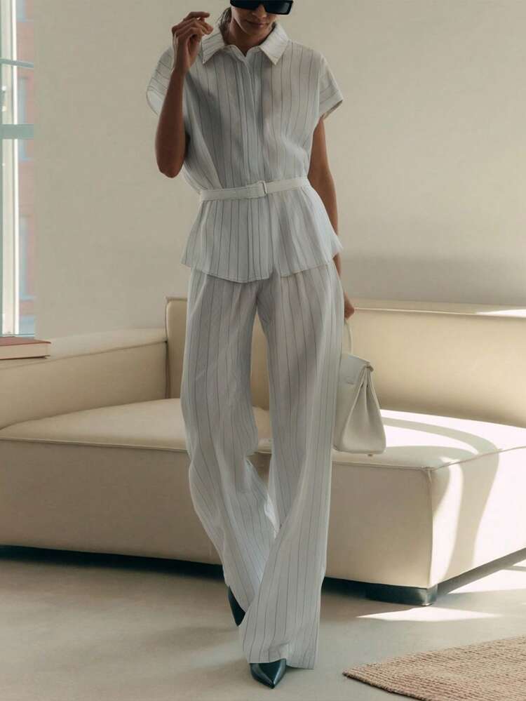 2pcs Women Striped Loose Fitting Shirt And Pants Set