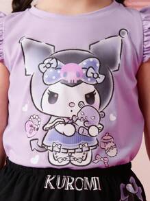 HELLO KITTY AND FRIENDS | SHEIN 少女卡通印花紫色盖袖可爱甜美盖袖T恤和黑紫色格子校裙两件套