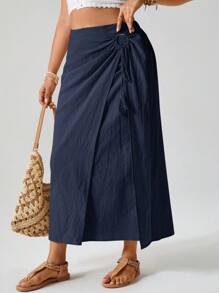 Freevana Váy midi dài vừa phải có khoen chữ O trang trí cho nữ cỡ lớn, phong cách phương Tây Boho Bohemian thập niên 90, mùa hè, kín đáo, vừa vặn với Ibiza, váy dự tiệc mùa xuân Old Money - Màu xanh hải quân - Xem 4