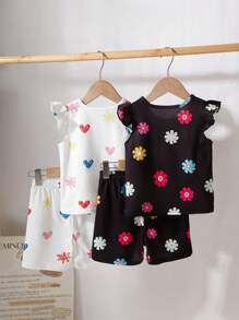 4pcs/Set Casual Baby Girl Heart & Floral Print Ruffle Trim Short Sleeve Top + Shorts Set, 2 Pieces Outfit, Summer Holiday Outdoor Wear - Multicolor - View 3