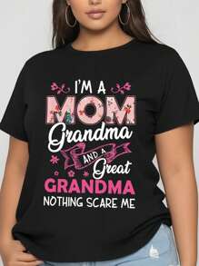 Camiseta de manga corta con cuello redondo y estampado de eslogan para mujer, tallas grandes - Negro - Ver 3