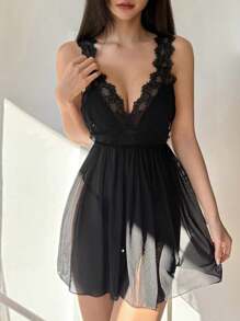 DAZY 2pcs/Set Lace Contrast Mesh Backless Halter Nightgown & G-String Lingerie Set, Sexy - Black - View 5