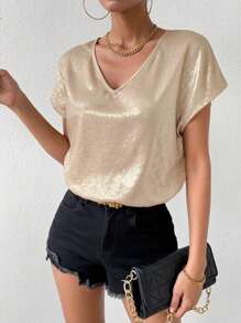 女士纯色 V 领休闲短袖上衣，夏季 - 金色 - 查看 4