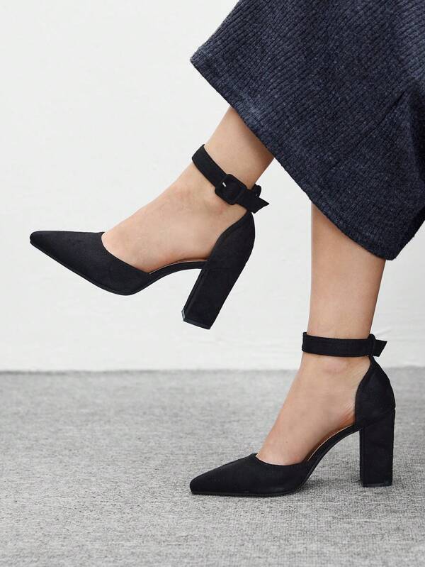 CUCCOO BIZCHIC Zapatos de tacón grueso con correa de tobillo y punta puntiaguda de material negro, cómodos y adecuados para ir al trabajo, citas, reuniones, festivales y fiestas