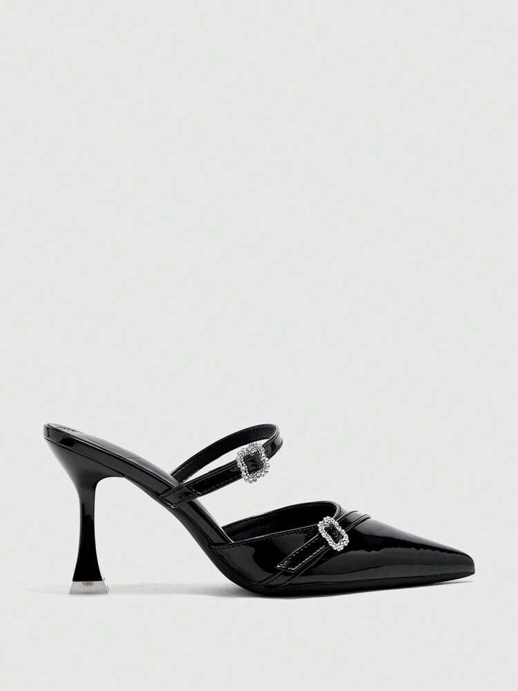 CUCCOO CURVES Plus Size Wide Fit Pointed Toe 9CM High Heel Sandals, Hollow Out Elegant Sexy Black Strap Rhinestone Buckle, Suitable For Daily, Work, Vacation, Summer