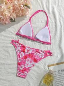 SHEIN Teen Girls Summer Beach Happy Tropical Floral Print Fuchsia Pink Spaghetti Strap Bikini Top