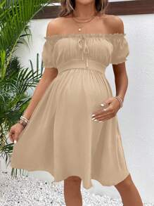 SHEIN Umstandsmode- Einfarbiges Kleid mit Rüschen, Off-Shoulder, Taille mit Tunnelzug, Lässig