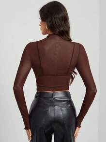 SHEIN Tall Áo cánh lưới xuyên thấu gợi cảm tay dài màu trơn cho nữ - màu nâu - Xem 2