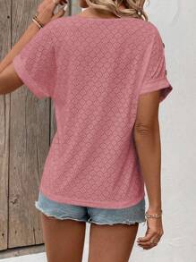 EMERY ROSE Camiseta informal de manga corta con cuello en V liso y decoración de botones, para verano - Rosa Oxidada - Ver 2