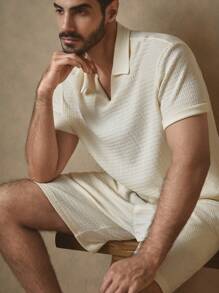 Manfinity VCAY 2pcs Knitted Close-Fitting Polo Collar Casual Suit Set, Suitable For Summer - Apricot - View 1