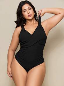 Swim Basics Plus Size One Piece Swimwear, Minimalist Beach Holiday Style For Summer Beach Vacation - Black - View 7