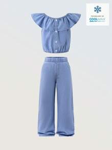 Denimly Tween 女童两件套：休闲露肩荷叶边衬衫和松紧腰阔腿柔软牛仔裤 - 淺色水洗藍 - 查看 1