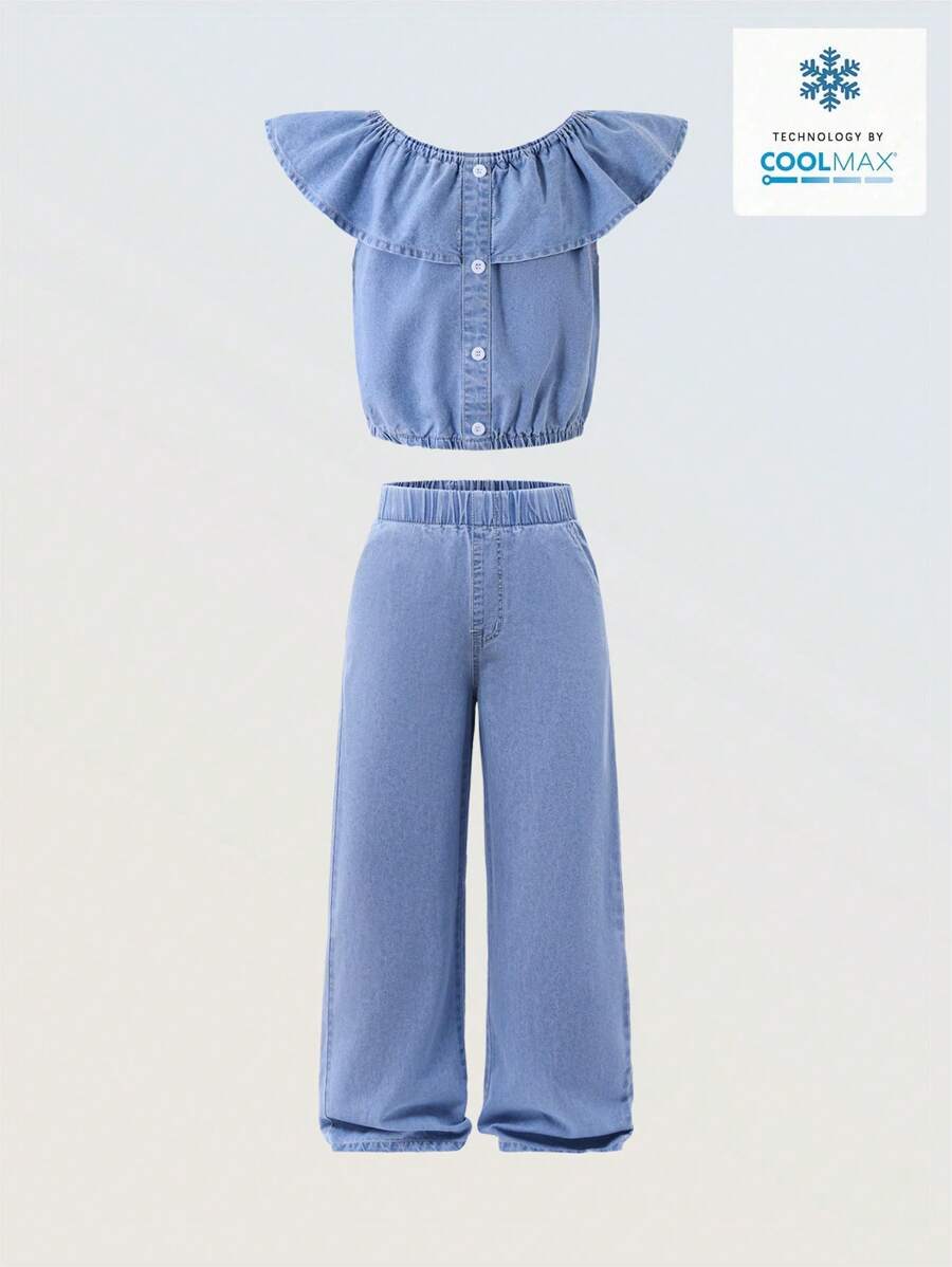 Denimly Tween 女童两件套：休闲露肩荷叶边衬衫和松紧腰阔腿柔软牛仔裤 - 淺色水洗藍 - 查看 1