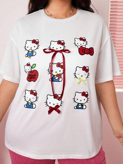 HELLO KITTY AND FRIENDS | SHEIN Plus Size Cartoon Print With Bow Decor Round Neck Short Sleeve T-Shirt, Summer White Tee  Cute T Shirts Cute Tshirts Tshirts Women T Shirts For Women Summer Outfits For Women/ Summer / Summer Clothes / European Summer Cute Summer Tops/Kawaii Graphic Tees Women All White Woman Outfits  Y2k Clothes