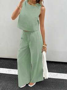 Siren Gaze נשים חופשה ופנאי חליפת פשתן בצבע אחיד, חולצת צווארון עגול ומכנסיים 2 חלקים סט קז'ואל, סט שני חלקים נשים, בגדי קיץ נשים - ירוק מנטה - ראה 7