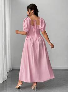 Elenzga Plus Size Vintage Romantic Pink Puff Sleeve Dress - Pink - View 4