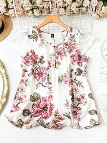 SHEIN LUNE 优雅通勤和度假风格休闲花卉拼布蕾丝边领短袖白色女衬衫，百搭，春夏秋季 - 白色 - 查看 1