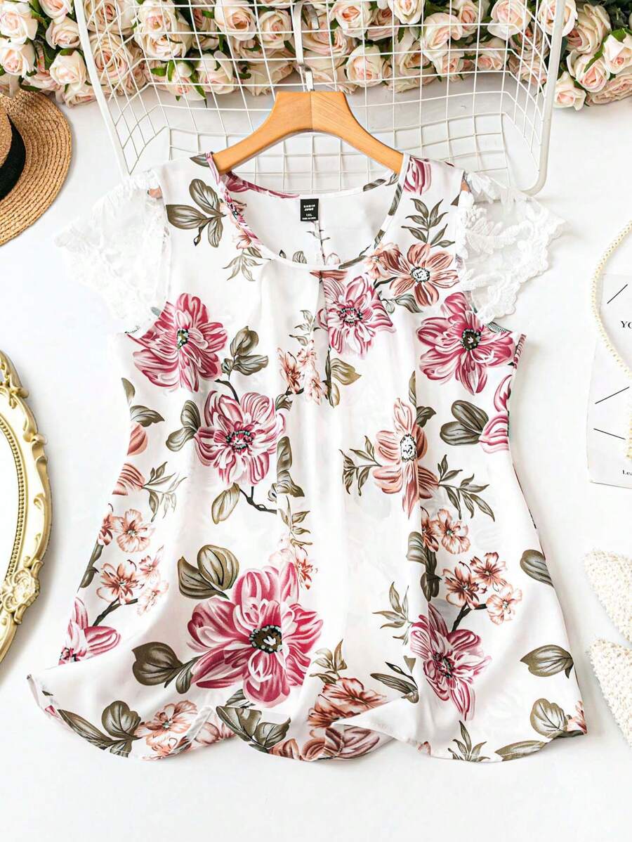 SHEIN LUNE 优雅通勤和度假风格休闲花卉拼布蕾丝边领短袖白色女衬衫，百搭，春夏秋季 - 白色 - 查看 1