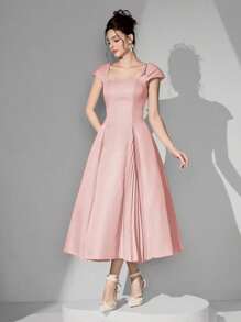 Poshira 女士纯色方领插肩袖褶饰优雅晚礼服（华丽装饰）、派对礼服、舞会礼服 - 粉色 - 查看 1