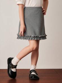 PrepCrw Young Girls' Academy Style Black & White Houndstooth Print Ruffle Hem Mini Skirt, Spring/Summer - Black and White - View 1