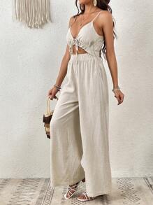 SHEIN VCAY Plus Size Summer Beach Woman Tie Front Cut Out Linen Wrinkle Easily Cami Jumpsuit, Brunch Outfits For Women Women Outfits, Rave Outfits Festival, Business Casual Woman, Boho Country Outfits Women, Beach Outfits For Woman, Beach Outfits For Woman, Summer Outfits - Khaki - View 6