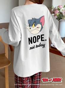 TOM AND JERRY X DAZY Letter Graphic Print Loose Long Sleeve Top And Check Pattern Straight Loose Pajama Pants 2pcs Sleepwear Set - White - View 6