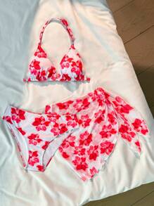 SHEIN Leap Crew Teen Girls Spring & Summer Clean Girl, Light Pink, White, Floral Print Bikini Set With Wrap Skirt 3 Pieces Swimwear, Vacation/Holiday, Vintage//Beach/Sea/Elegant/Cute - Red - View 4