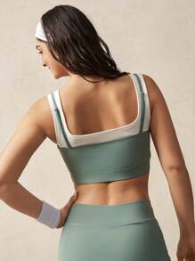 VARSIVA Women's Green Scoop Neck Sleeveless Crop Sports Tank Top: Double-Layered Knitted Design With Criss-Cross Detailing For Enhanced Comfort And Style - Green - View 2