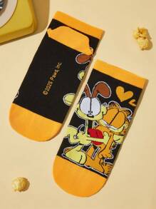 GARFIELD X SHEIN 3 Pairs Cat & Dog Pattern Breathable & Soft Short Socks, Reinforced Toe & Heel, Suitable For All Seasons,Women,Girl