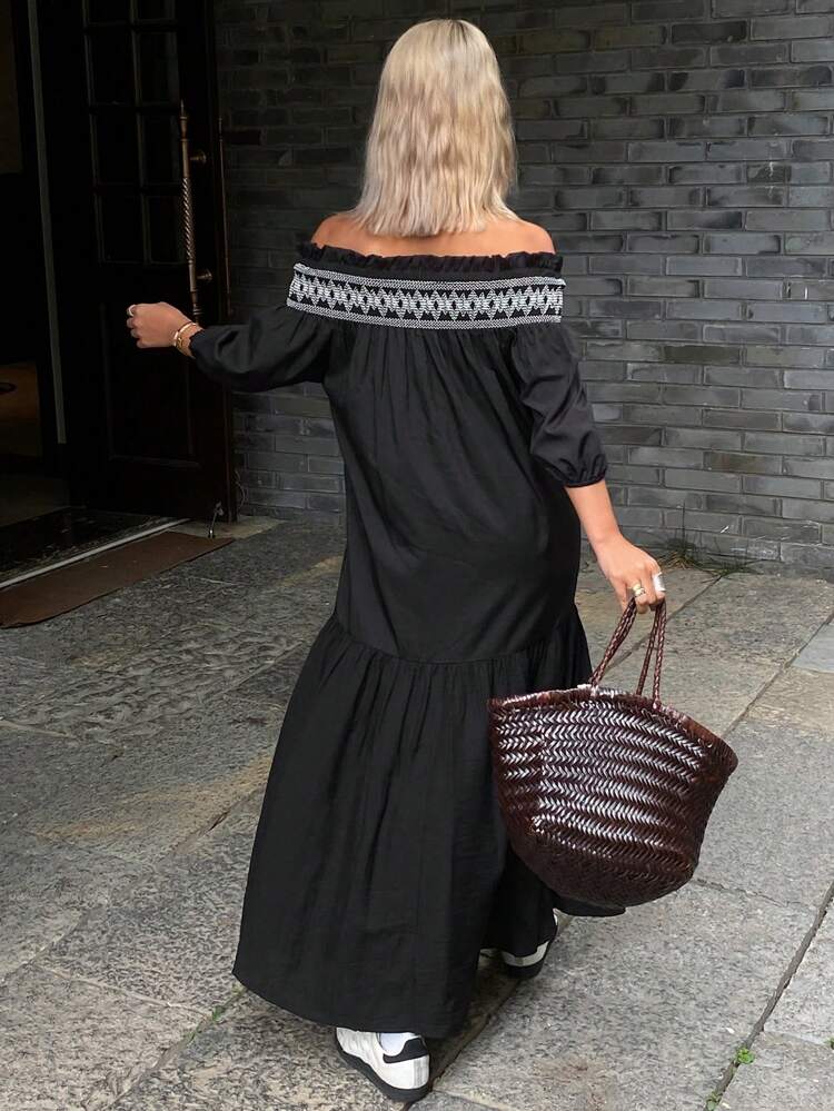 Casual Vacation Dress, Off Shoulder Wide Neck Loose Women Summer Long Dress Maxi Dress Boho