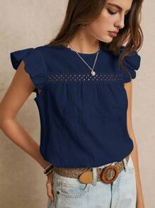 Poéselle Summer Vacation Wedding Season, Excellent Ruffle Trim Solid Color Blouse, Cute Top, Elegant , Boho Chic, Casual Style, Essential, - Navy Blue - View 7