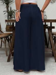 SHEIN VCAY 加大码白色纹理面料宽松休闲阔腿裤，带口袋，适合海滩度假、情人节 - 藏蓝色 - 查看 2