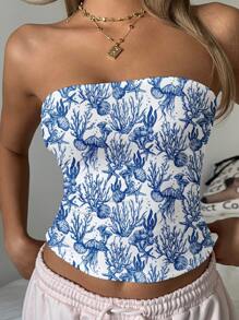 SHEIN EZwear 女式休闲露肩紧身上衣，全身海浪印花图案，适合夏季和度假 - 白色 - 查看 3