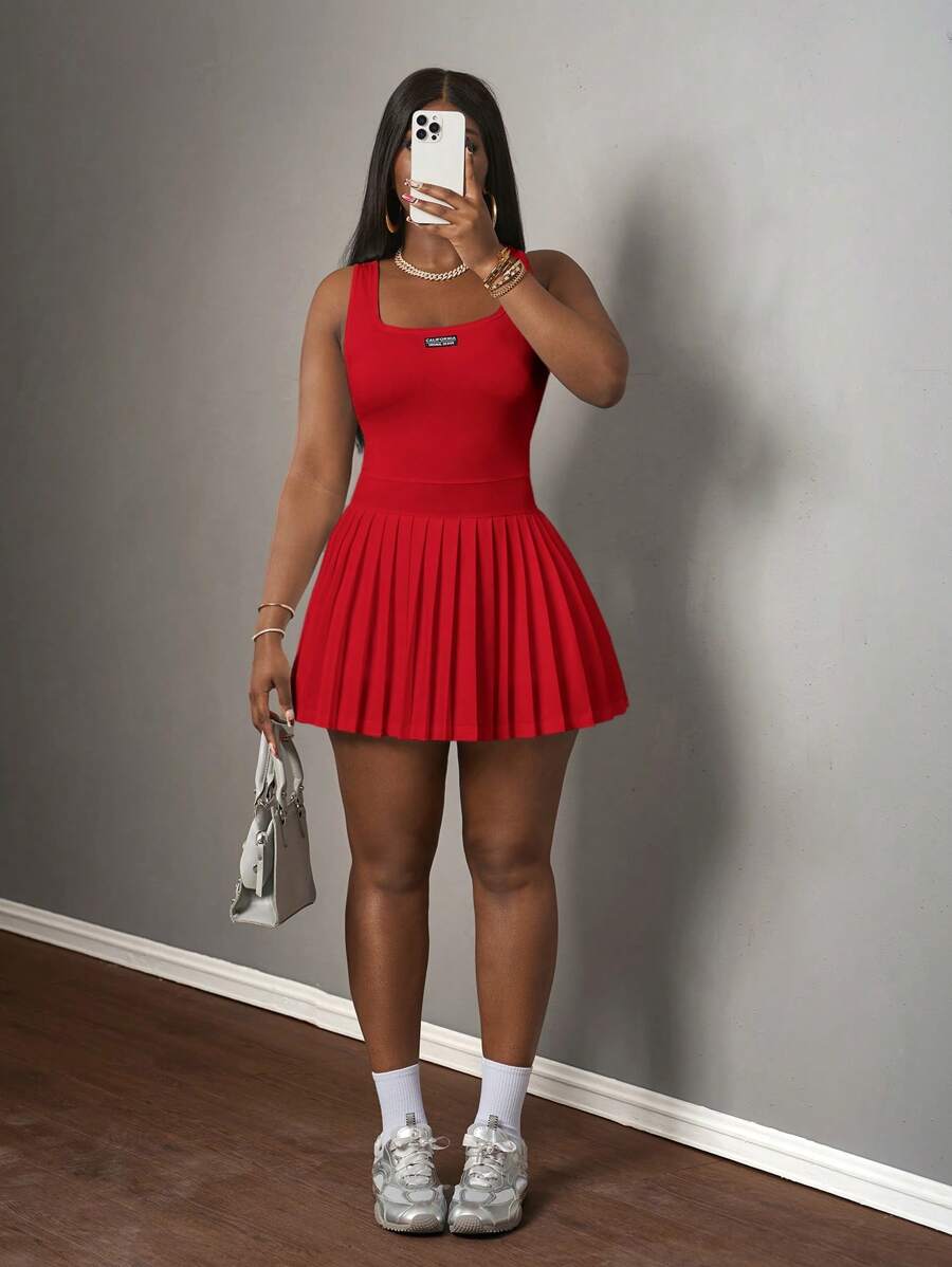 Slaydiva New Spring And Summer Casual Simple Basic U-Neck Racer Vest With Black Label And White Words Pleated Skirt Including Shorts And Culottes White Knitted Fabric Women's Mini Dress-A,Summer Dresses For Women - Red - View 1