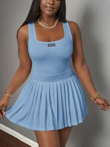 Slaydiva 全新春夏休闲简约基本款U领工装背心配黑标白字百褶裙含短裤和裤裙白色针织面料女式迷你连衣裙-A - 藍色 - 查看 6