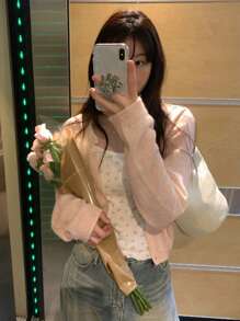 DAZY 宽松简约轻薄女士开衫，青春气息，重返校园服装 - 粉色 - 查看 6