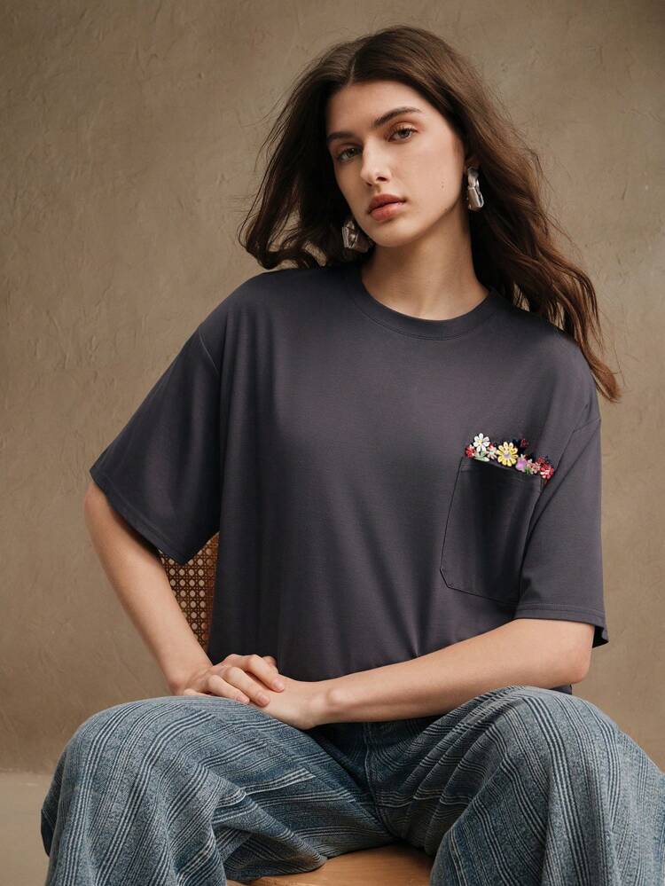 Casual, Holiday, Festival Women's Elegant Embroidery Floral T-Shirt, Spring Summer For Women