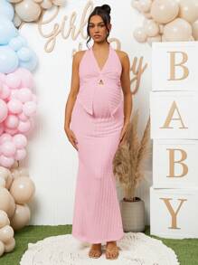 Loomaby 2pcs Maternity Gender Reveal Dress Set For Baby Shower Party - Pink - View 6