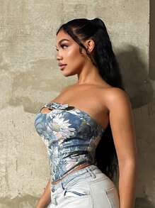 SHEIN SXY Women's Floral Print Adjustable Bandeau Top, Fashionable For Vacation,Corset Tops,Tube Tops,Summer,Sexy,Club Outfits Women Sexy,Gyaru,Streetwear Women,Summer,Y2K - Blue and White - View 6