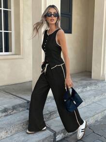 Serisse Bộ 2 áo ba lỗ và quần dài họa tiết khối màu đi làm thường ngày cho nữ - màu đen - Xem 6