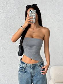 SHEIN EZwear 女士夏季休闲纯色褶皱不对称下摆抹胸 - 灰色 - 查看 5