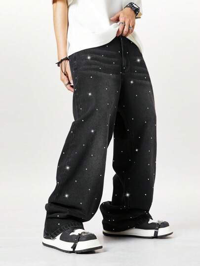 Street Life Jeans droits à coupe décontractée avec ornements de strass pour hommes