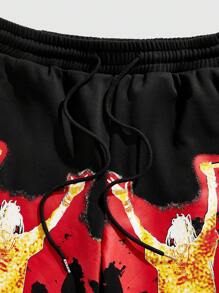 ROMWE MEN Street Life Men's Y2K Retro Silhouette Print Casual Shorts, Suitable For Daily Wear Spring/Summer - Black - View 3