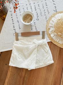 SHEIN LMoss Kids Babygirl 可爱花卉刺绣松紧腰休闲短裤，夏季百搭 - 白色 - 查看 7