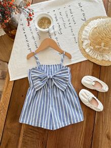 女宝宝夏季可爱休闲蓝白条纹蝴蝶结吊带连体衣 - 藍色 - 查看 3