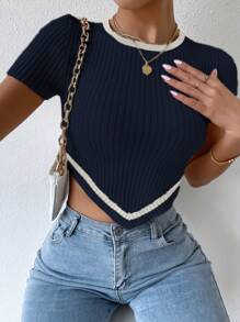 Breezaya Áo len dệt kim cổ tròn tay ngắn màu tương phản cho nữ, viền bất đối xứng, thường ngày - Màu xanh hải quân - Xem 5