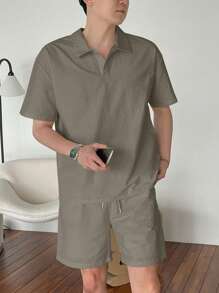 DAZY 男士夏季纯色短袖 Polo 衫和短裤套装 - 灰色 - 查看 5