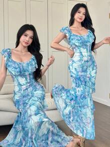 Modelyn Vestido de verano para mujer con volantes y teñido anudado