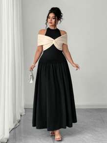 Elenzga 大码女式拼色露肩迷你连衣裙，时尚，适合夏季 - 黑色 - 查看 1