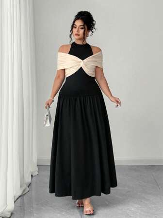 Elenzga 大码女式拼色露肩迷你连衣裙，时尚，适合夏季